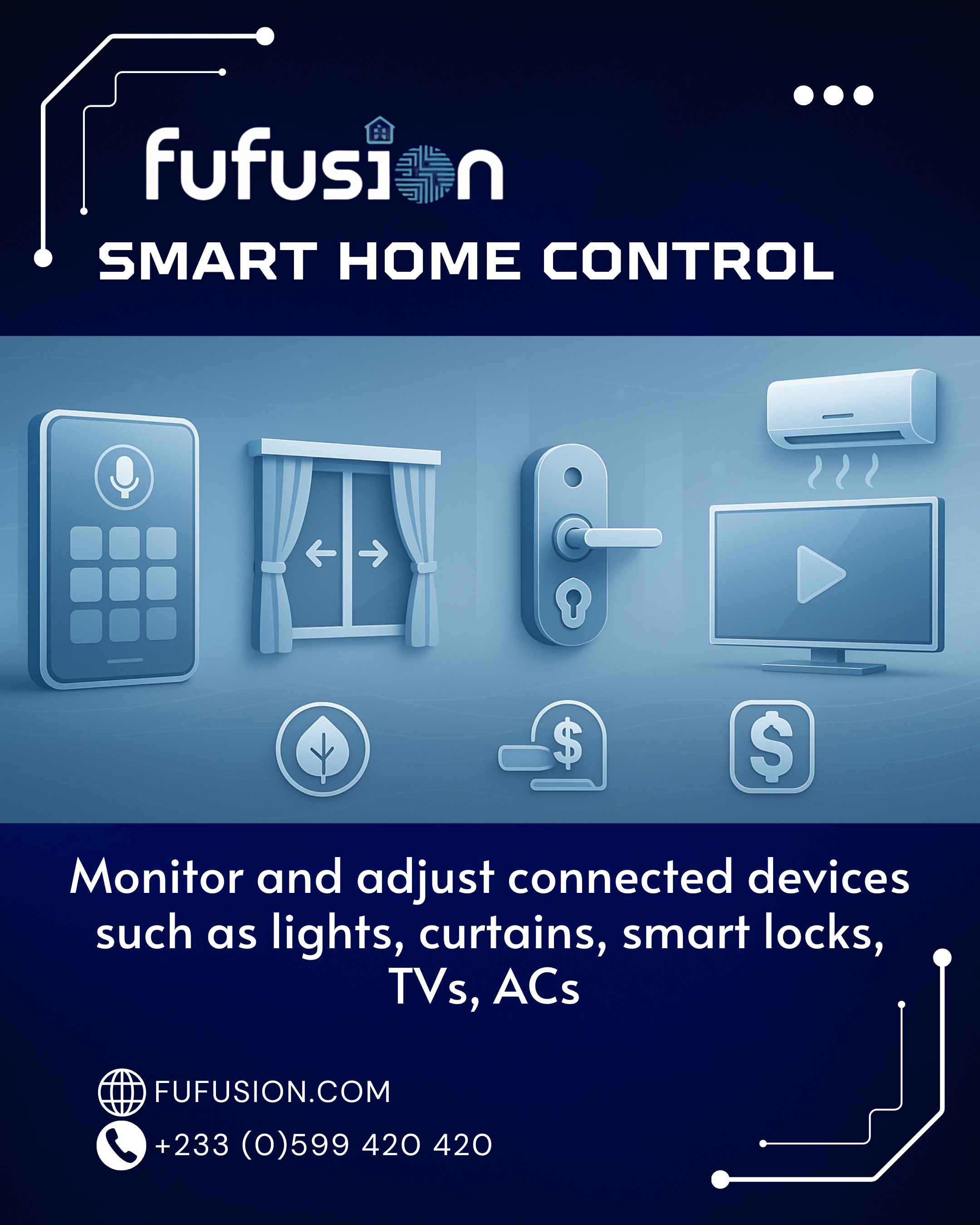 Monitor and adjust connected devices such as lights, curtains, smart locks, TVs, ACs